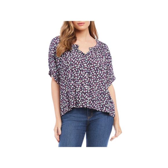KAREN KANE Tops - KAREN KANE Womens Black Gathered Button Front Short Sleeve Split Peasant Top S